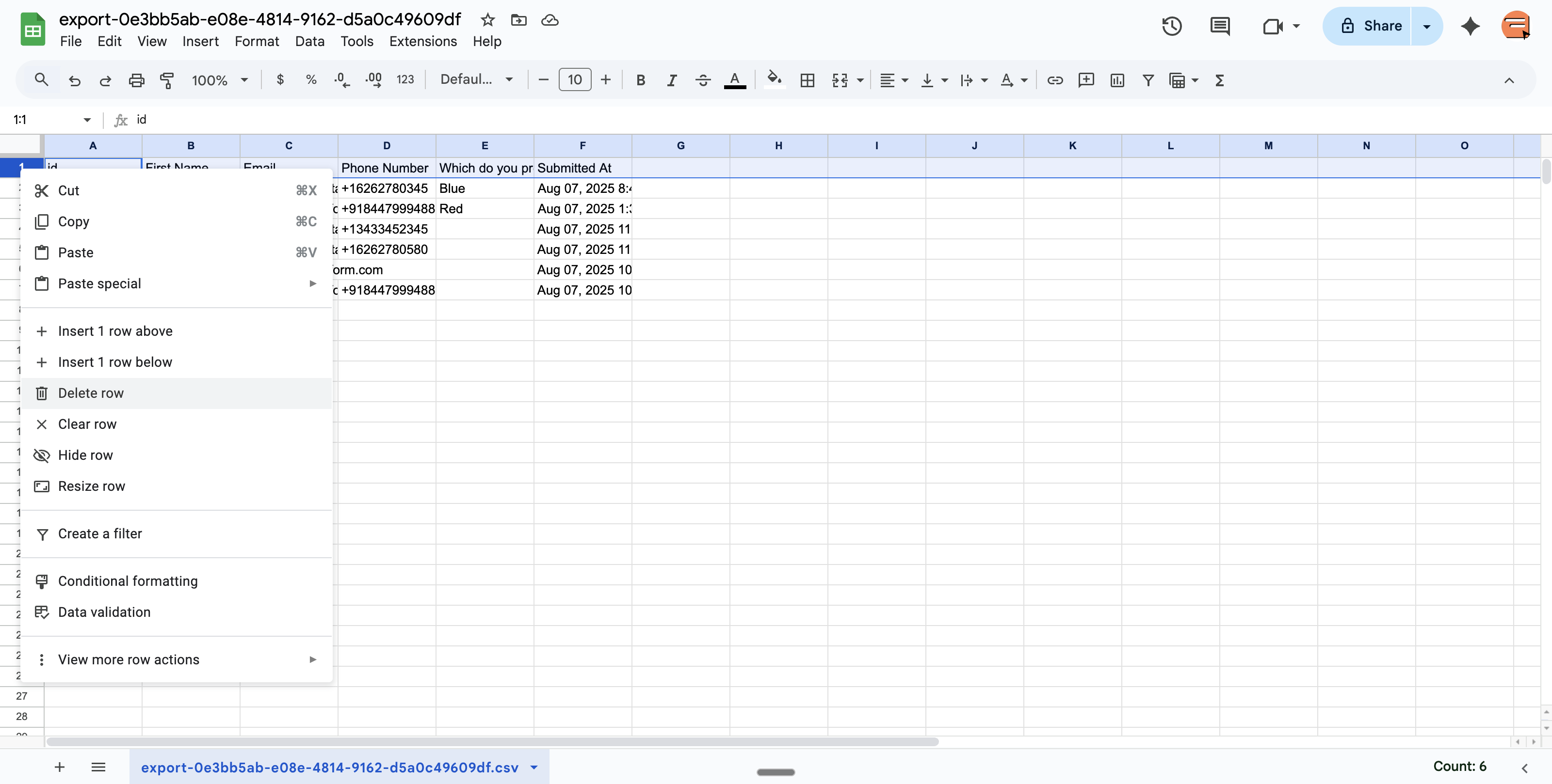 You should remove the first row and the first column from exported results sheet.