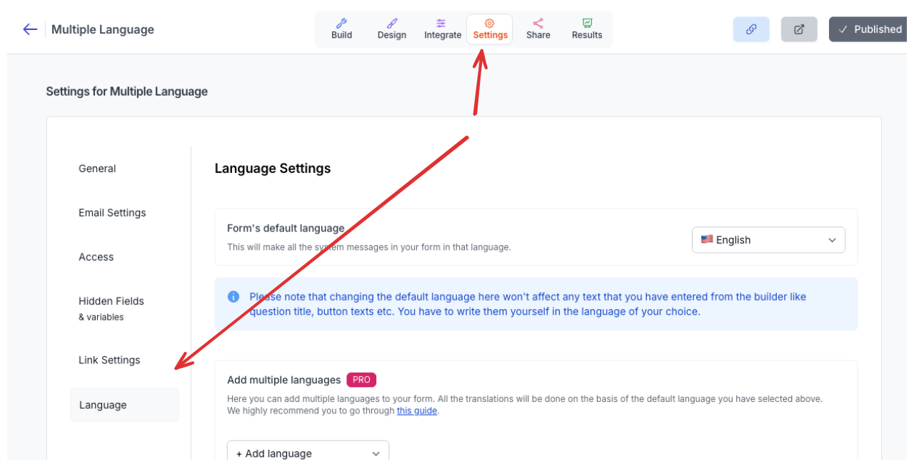Form settings page