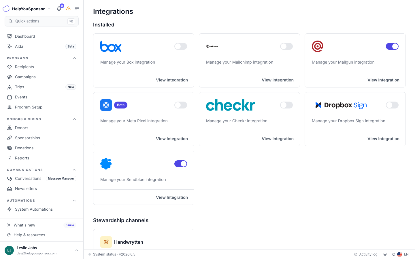 Integrations page showing Mailgun, Box Image Storage, Zapier, and QuickBooks settings
