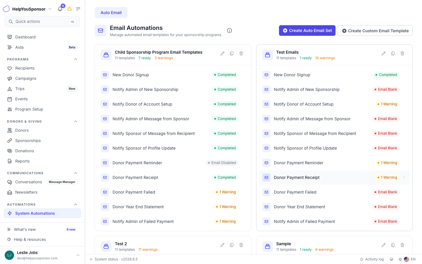Auto Email tab showing email set cards
