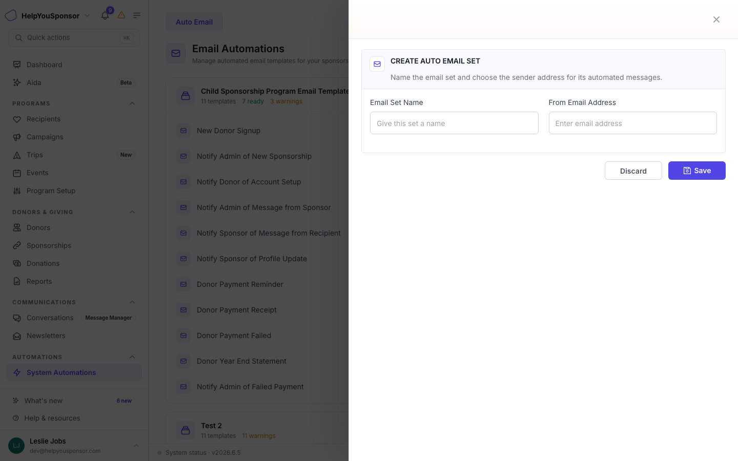 Create Auto Email Set drawer with name and from-email fields