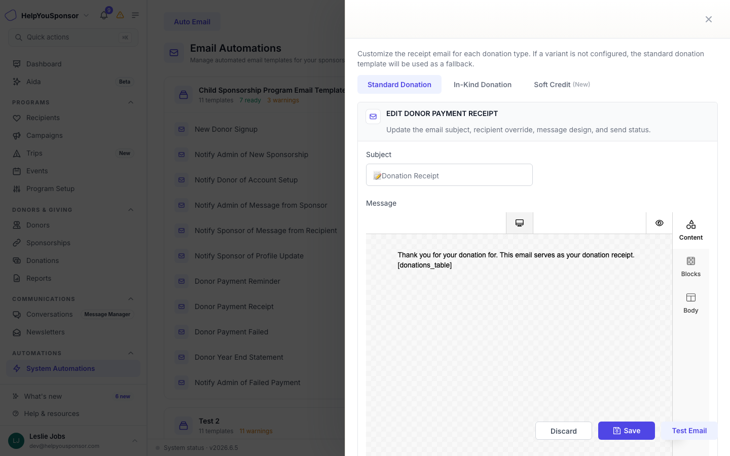 Template editor with merge tags on the right