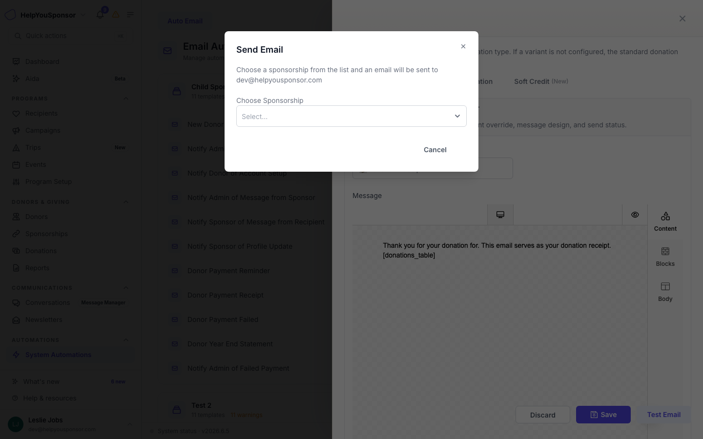 Test email dialog with the Choose Sponsorship selector