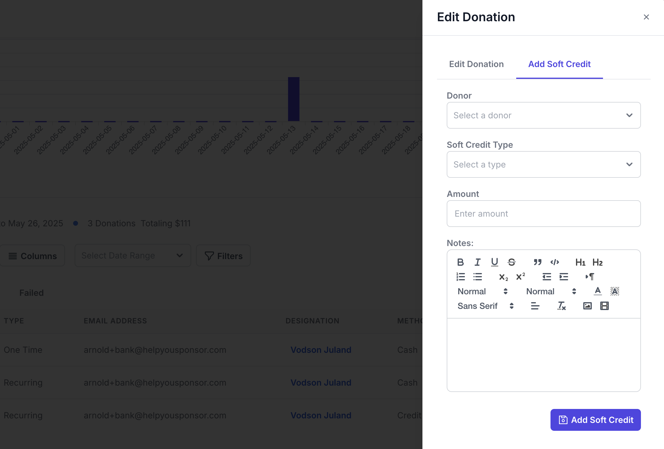 Edit donation form with the Add Soft Credit tab