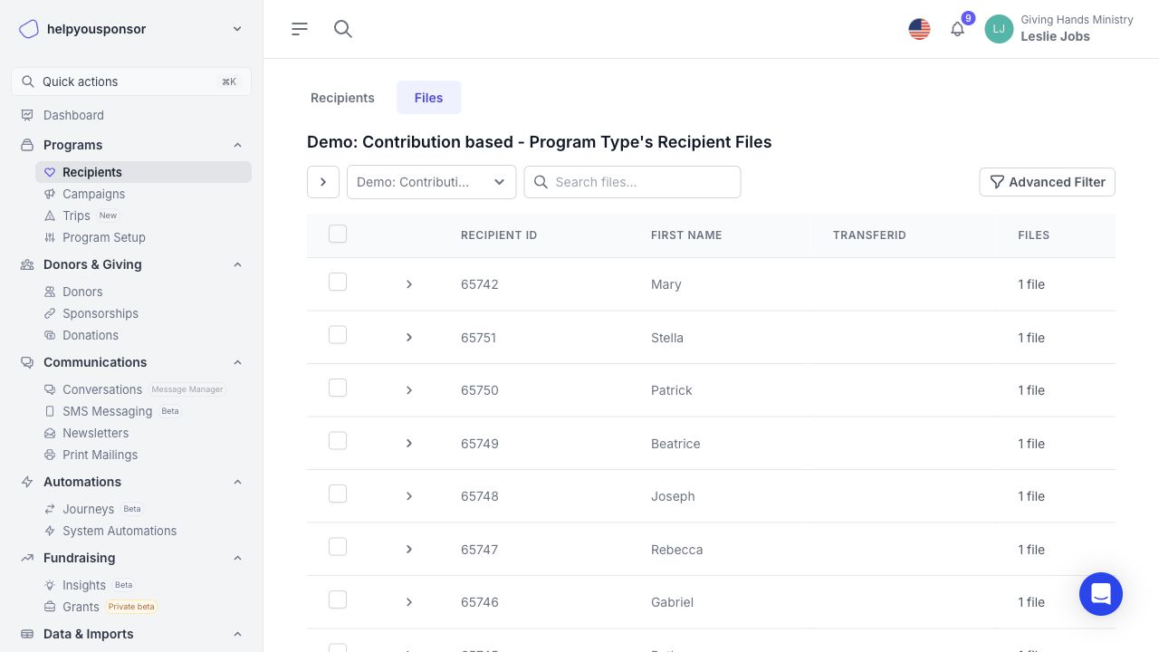 Recipient Files tab showing file management tools
