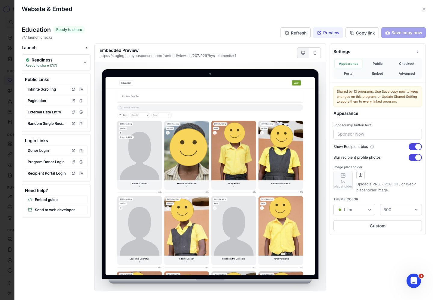 The Website & Embed workspace showing readiness, public links, login links, an embedded preview, and launch settings