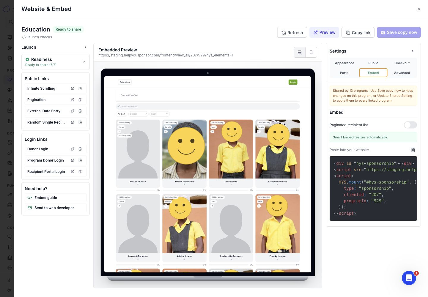 The Embed section of Website & Embed showing the Smart Embed code