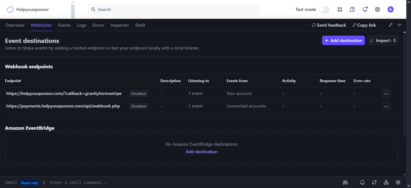 Stripe Workbench webhooks page