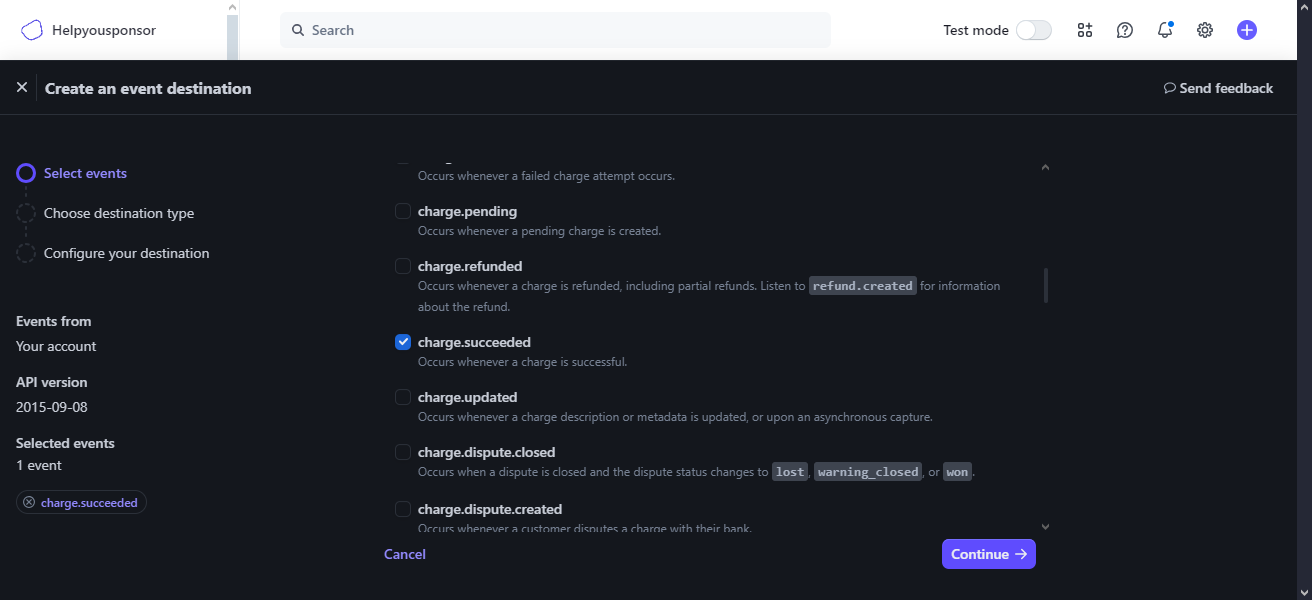Stripe Add destination workflow