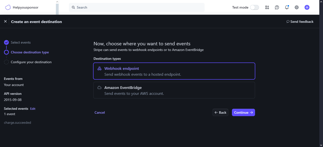 Stripe webhook event selection