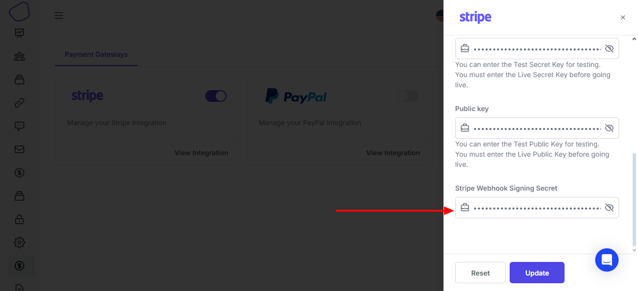 Webhook signing secret field in payment settings