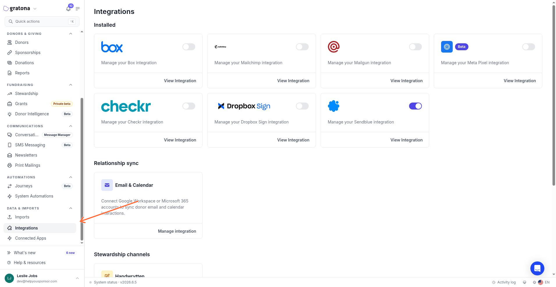 Integrations page with the QuickBooks card and Integrations sidebar link highlighted