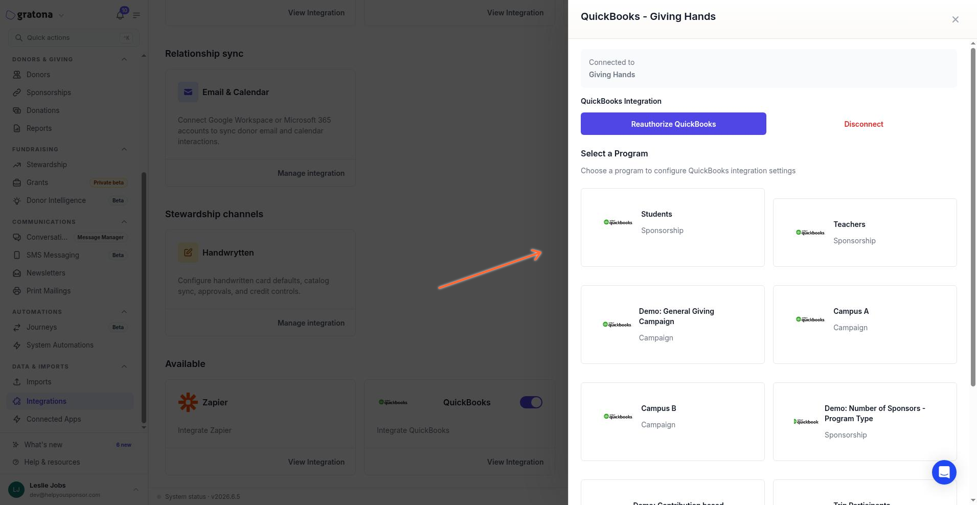 QuickBooks drawer with Reauthorize QuickBooks, Disconnect, and Select a Program
