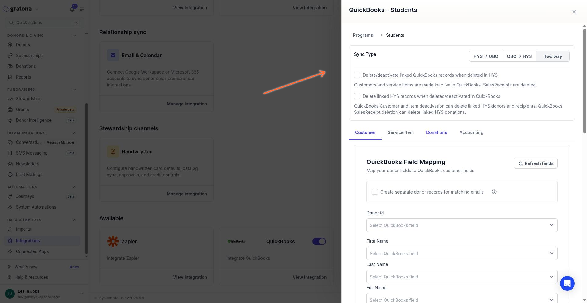 Program settings with Sync Type, delete toggles, and Customer, Service Item, Donations, and Accounting tabs