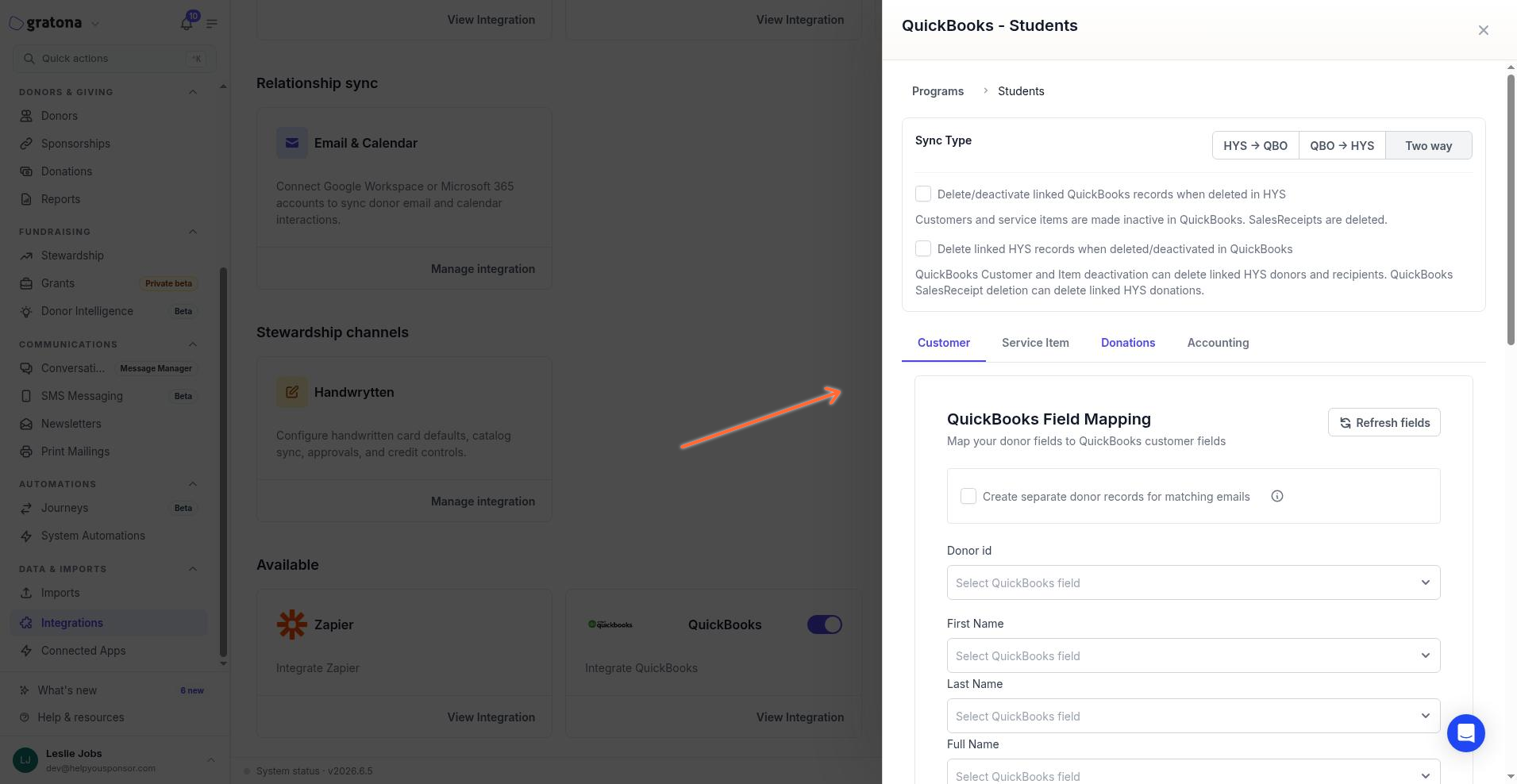 Customer tab with QuickBooks Field Mapping, Refresh fields, and donor field dropdowns