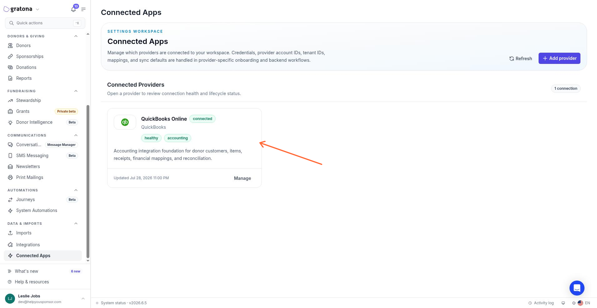 Connected Apps page with Add provider and a connected QuickBooks Online card