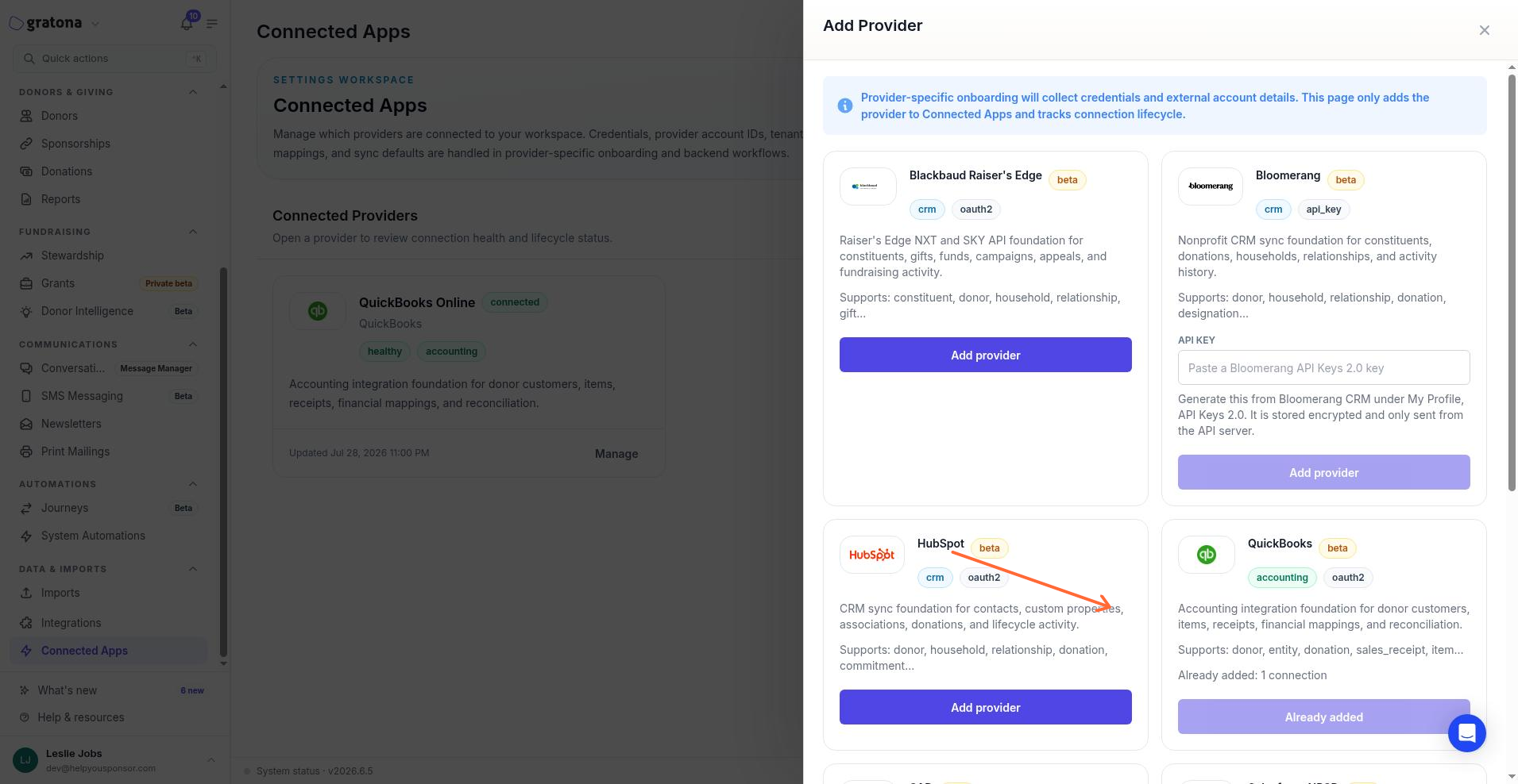 Add provider drawer showing QuickBooks already added