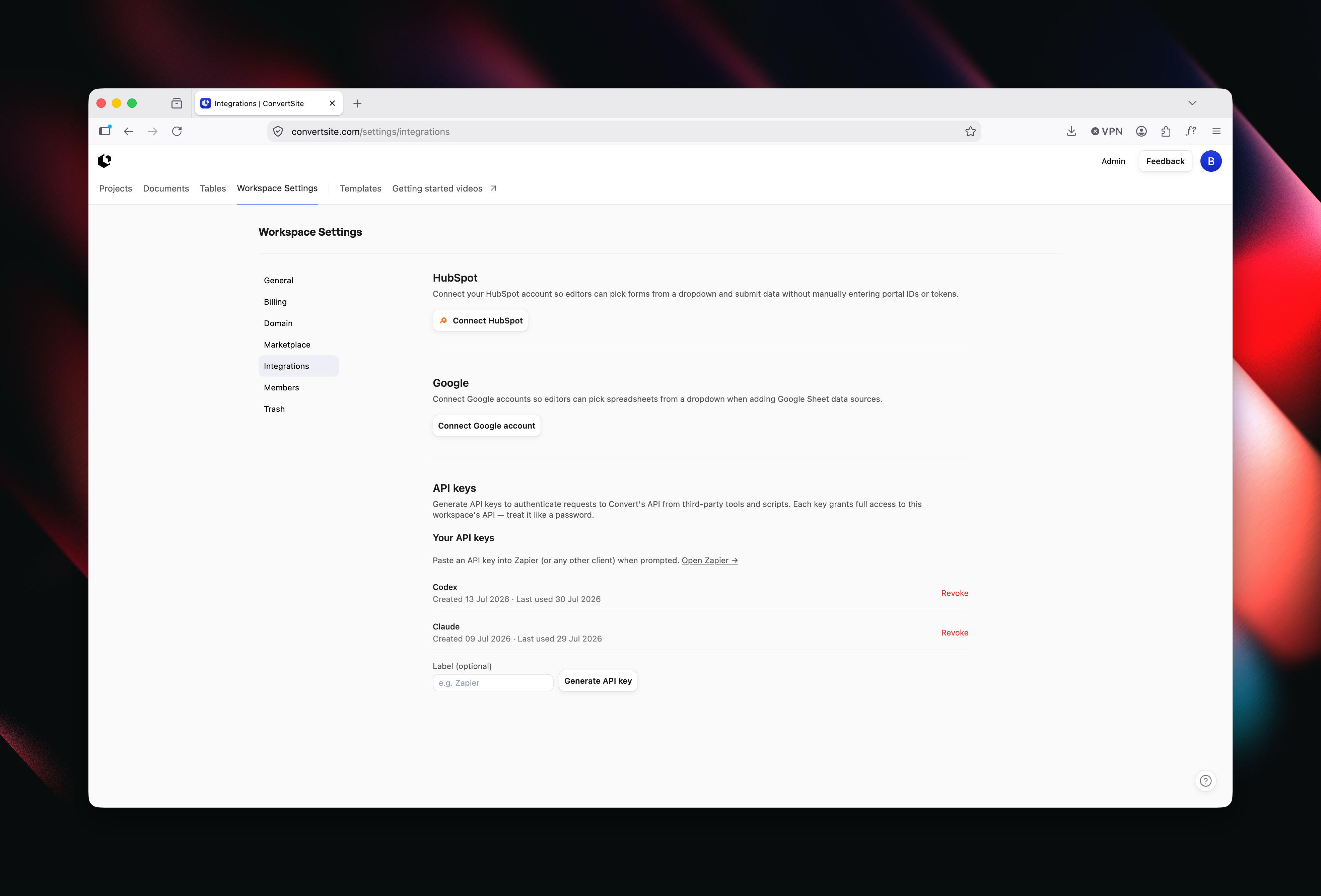 ConvertSite Integrations page showing the API keys section with labeled keys for Codex and Claude, plus a Generate API key button