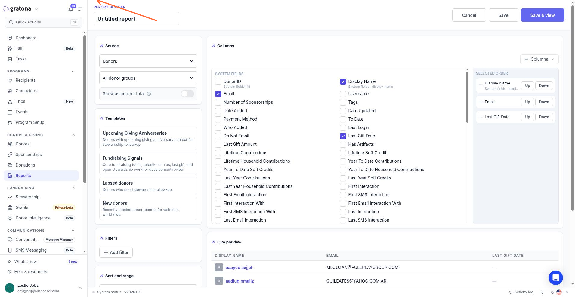 Report builder showing the Sort and range step with the All time date range option highlighted