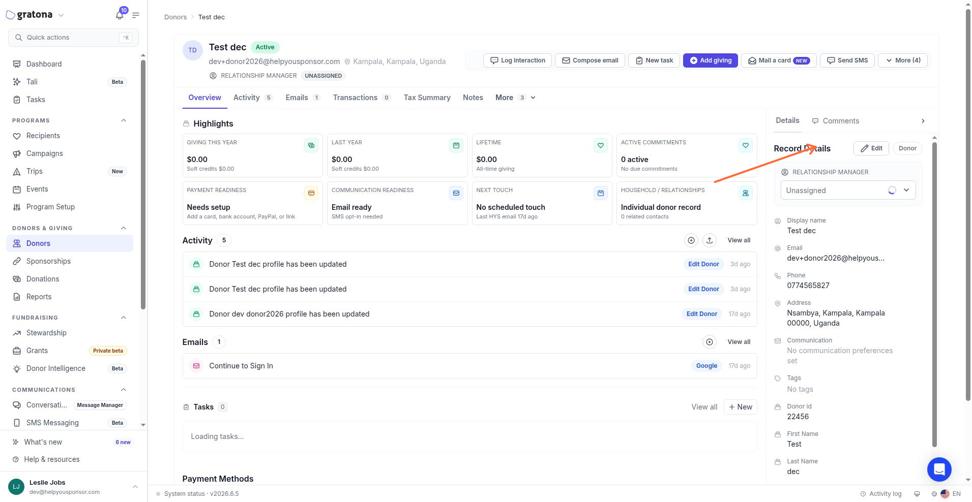 Donor profile page with the Edit button highlighted