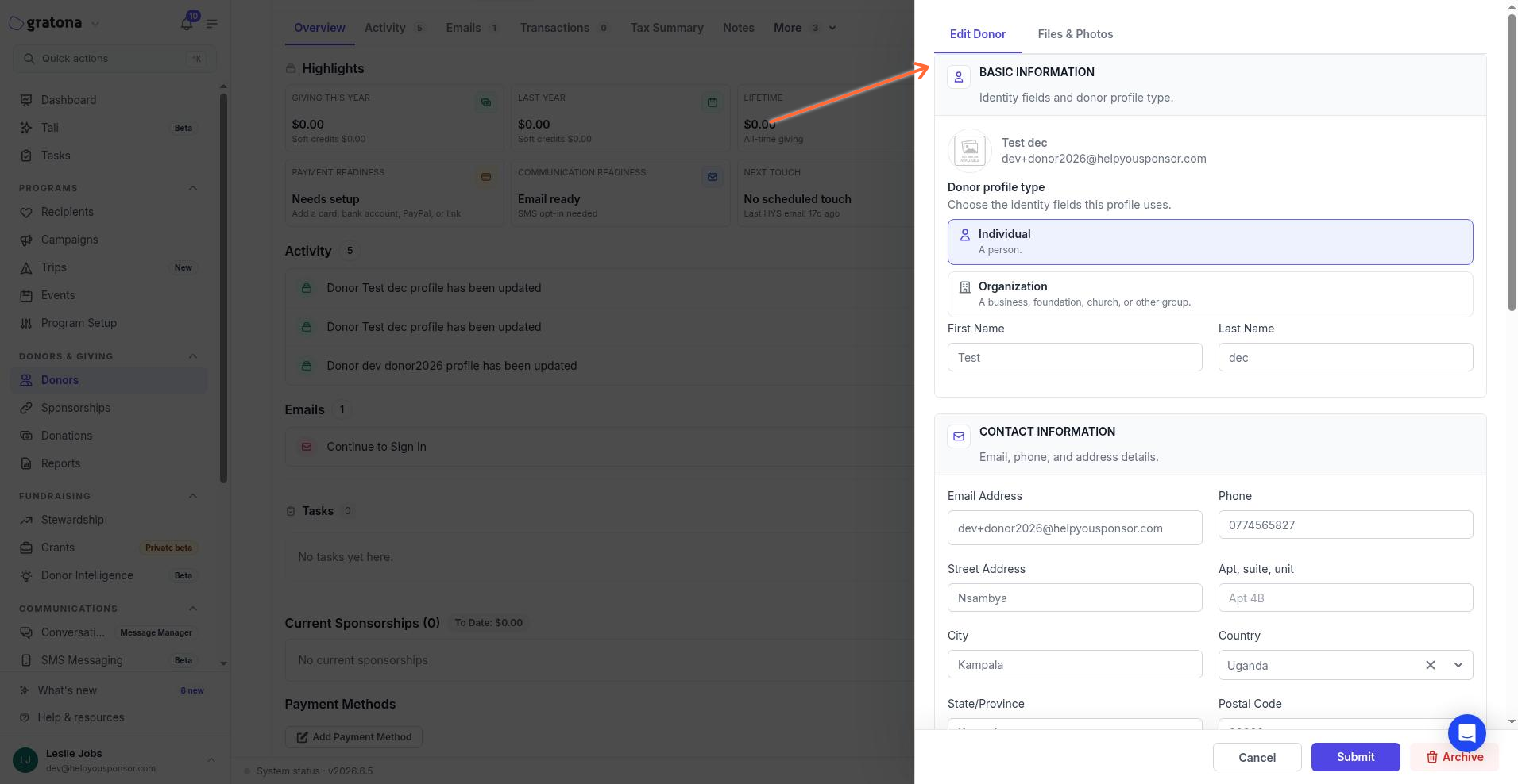 Donor edit drawer showing the Basic information section with Individual and Organization options