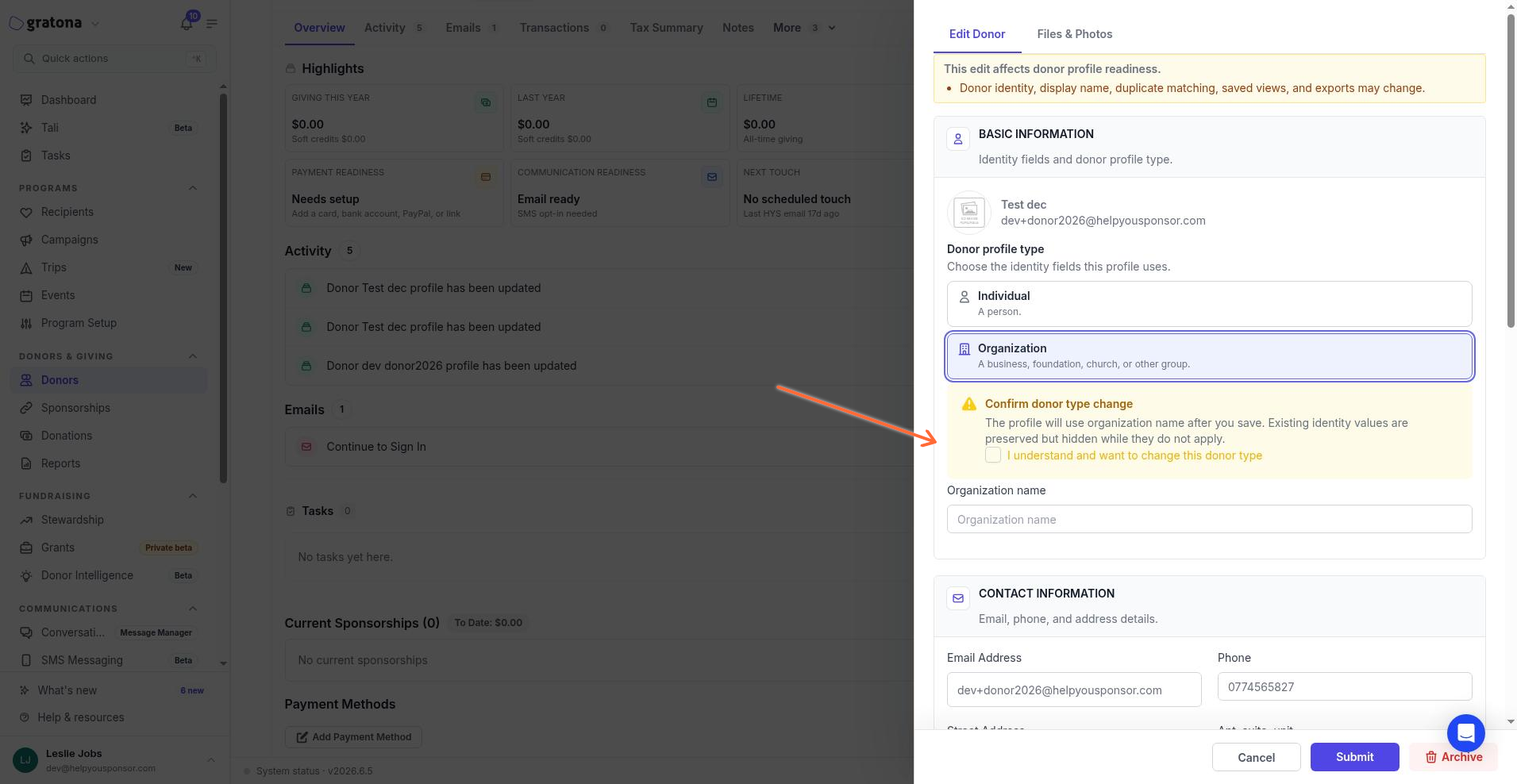 Confirm donor type change dialog with the acknowledgment checkbox highlighted