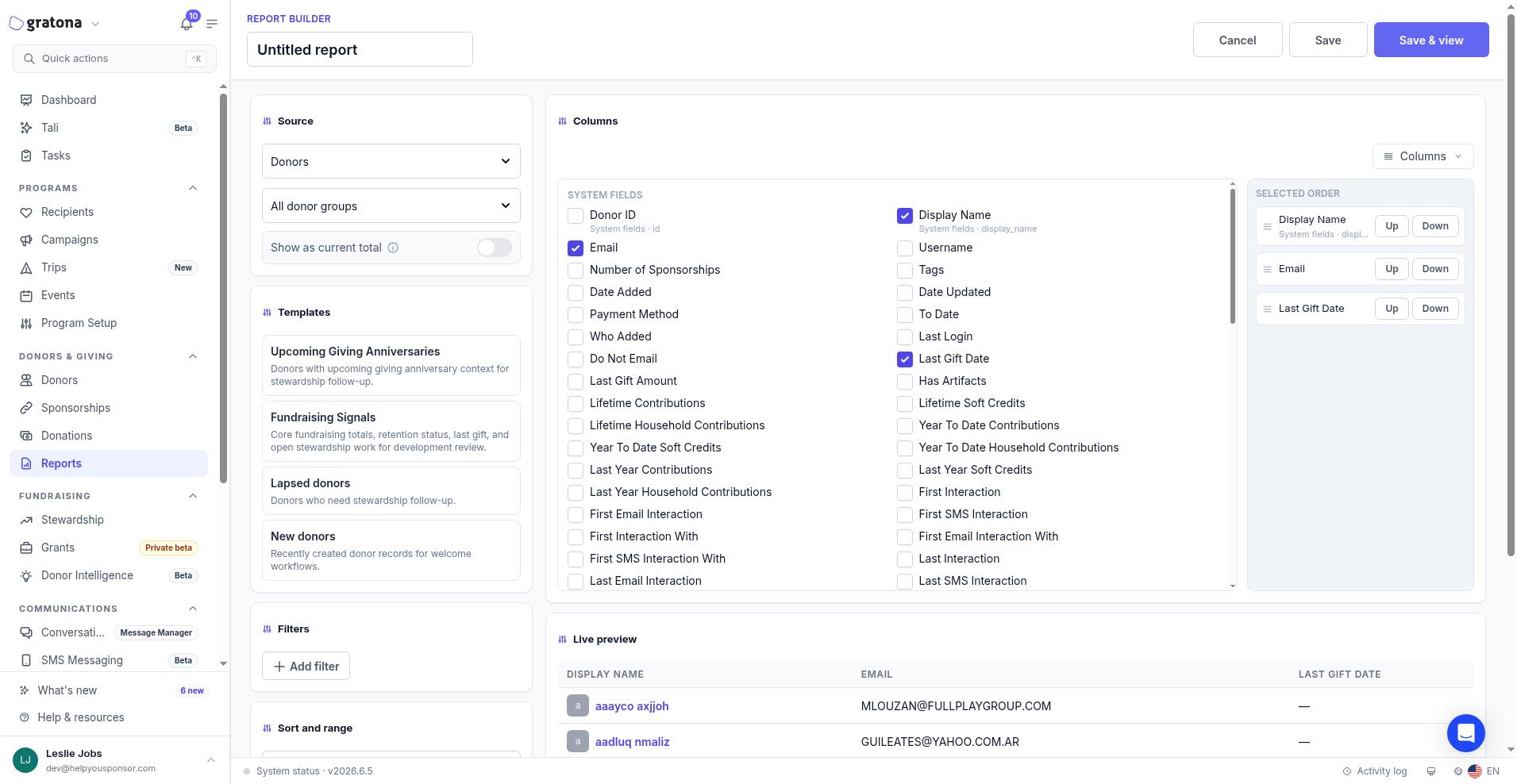Report builder showing Source, Templates, Filters, Sort and range, Columns, and Live preview sections