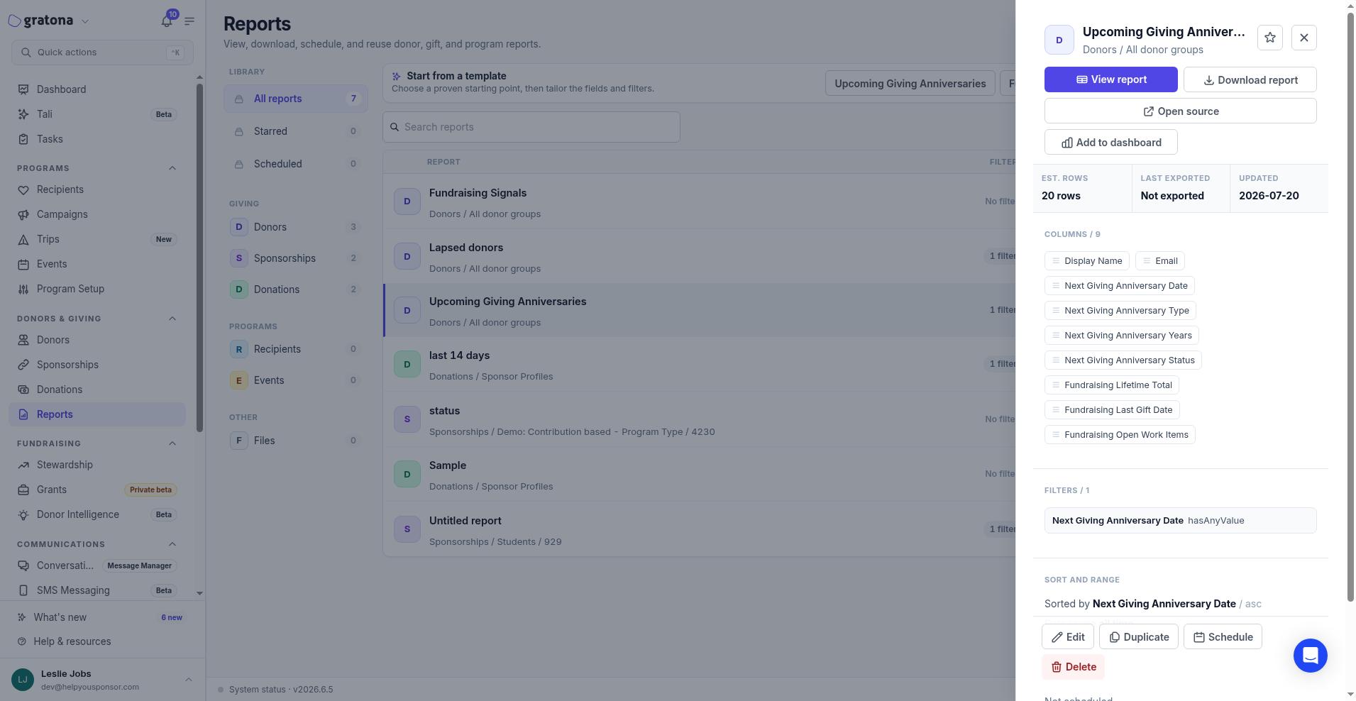 Report detail panel showing stats, columns, filters, sort and date range, and schedule