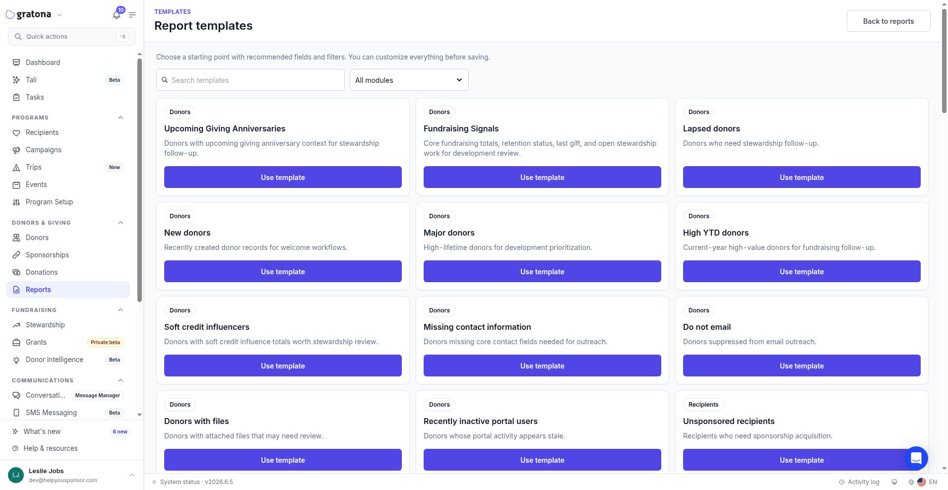 Templates page showing reusable report templates grouped by module