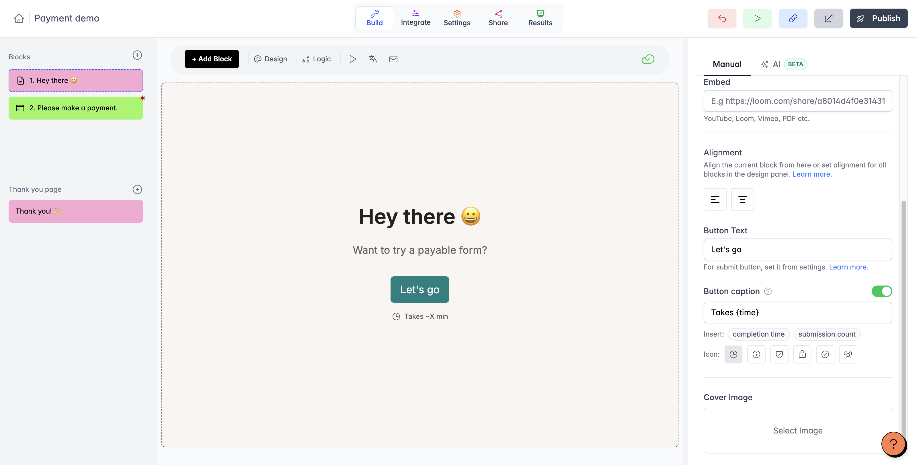 Button caption turned on with the Takes {time} placeholder, the Insert chips, and the icon options