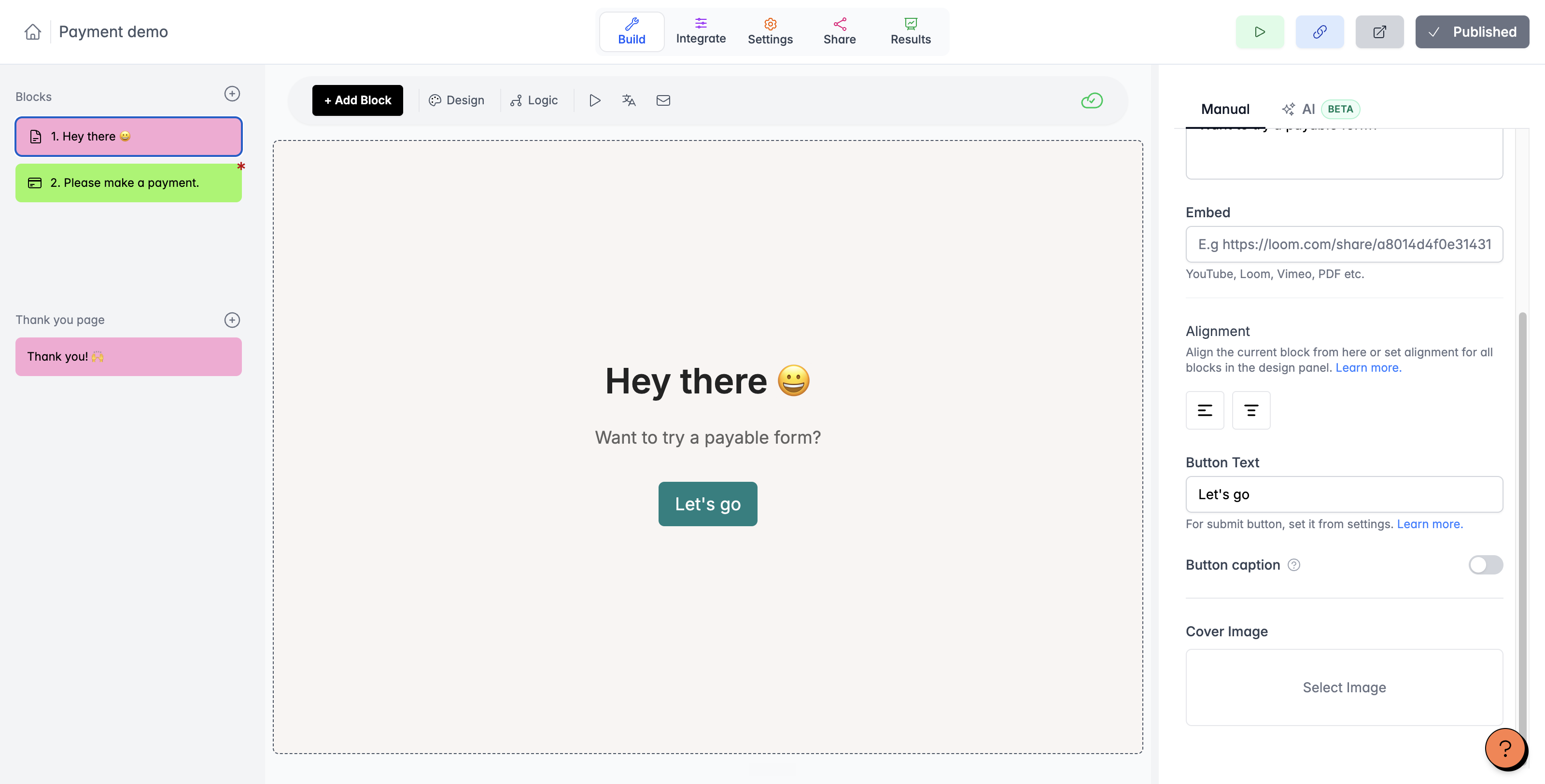 The Button caption toggle in the statement block settings on the right-side editor panel