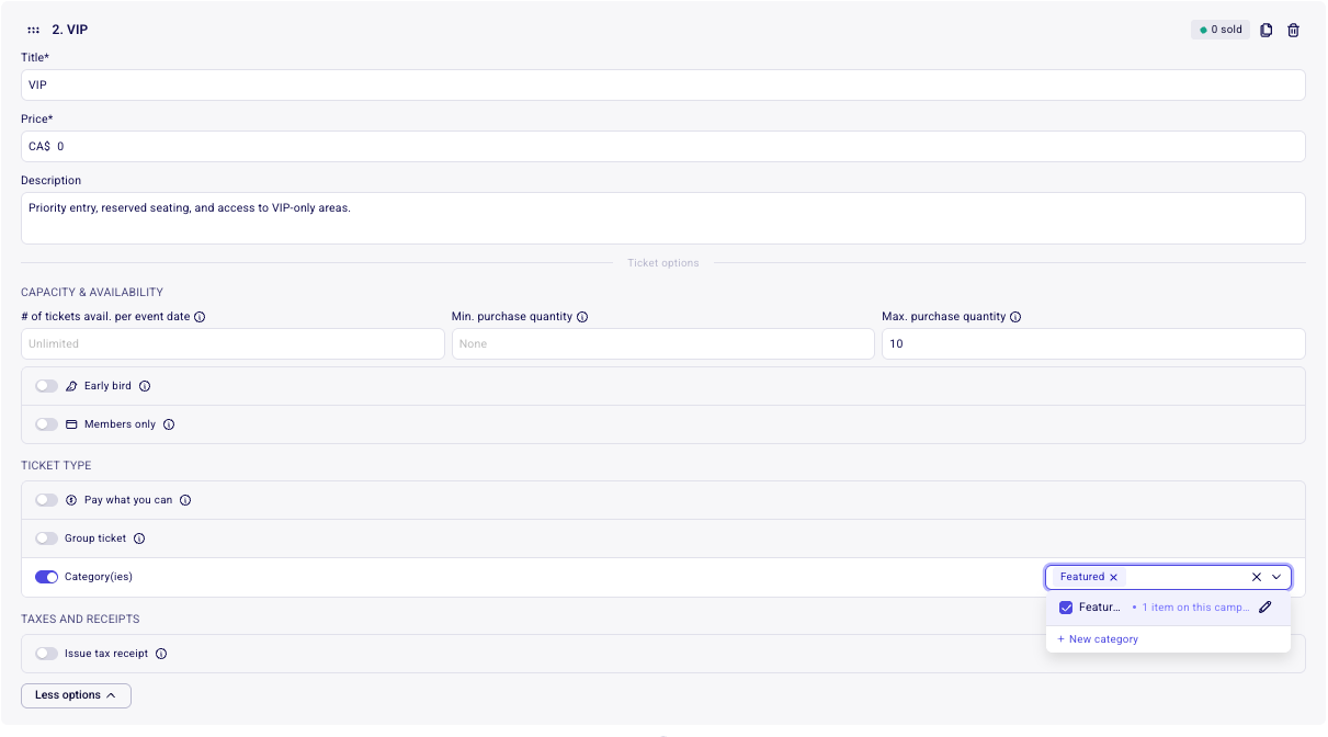 A ticket's options with the Category(ies) toggle on and the category dropdown open