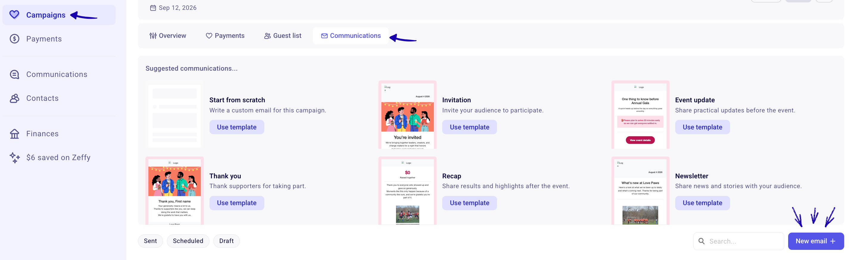 Tableau de bord Zeffy affichant l’élément Campagnes, l’onglet Communications d’une campagne et le bouton Nouveau courriel en surbrillance