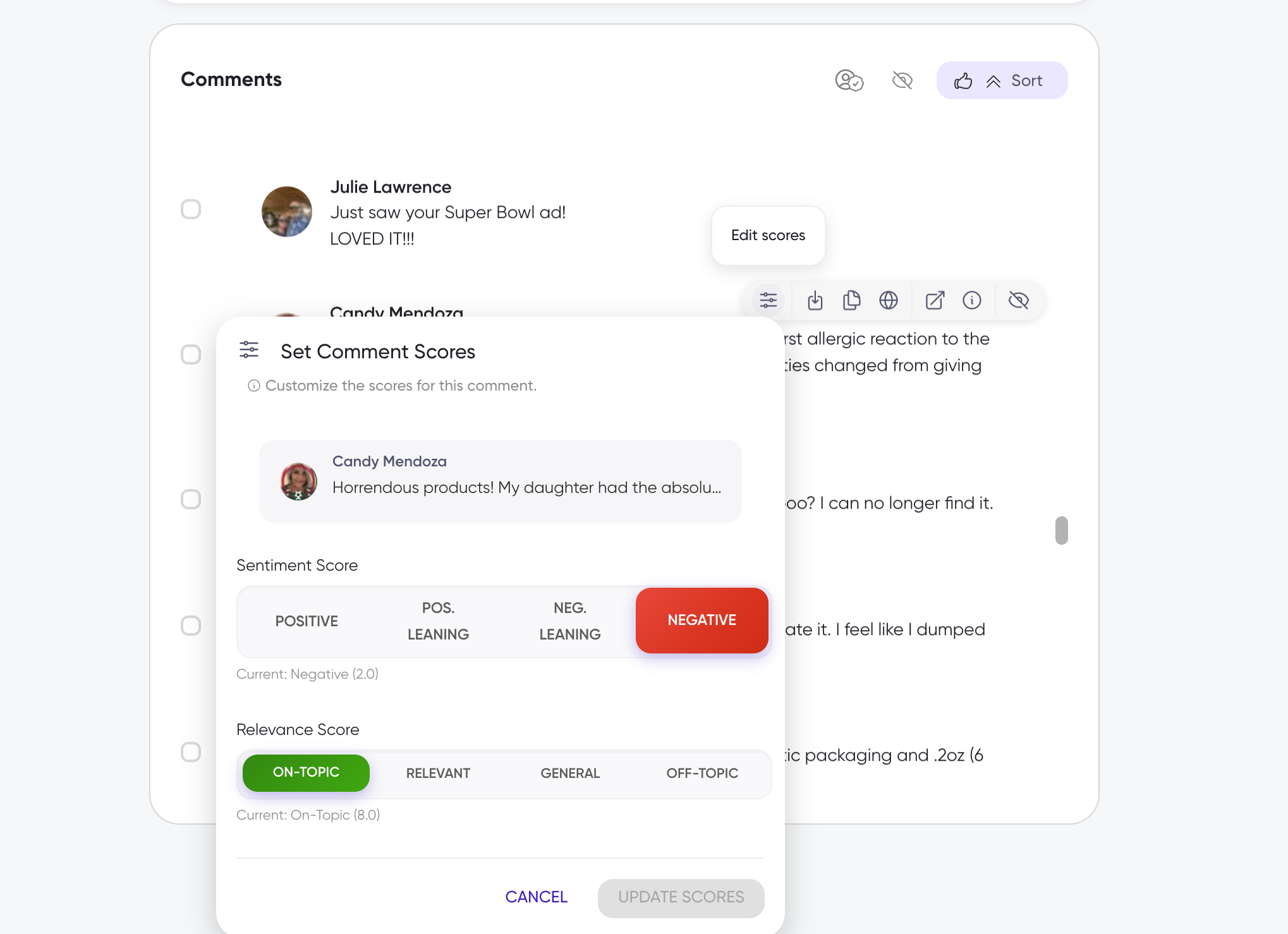 Set Comment Scores dialog with sentiment and relevance options