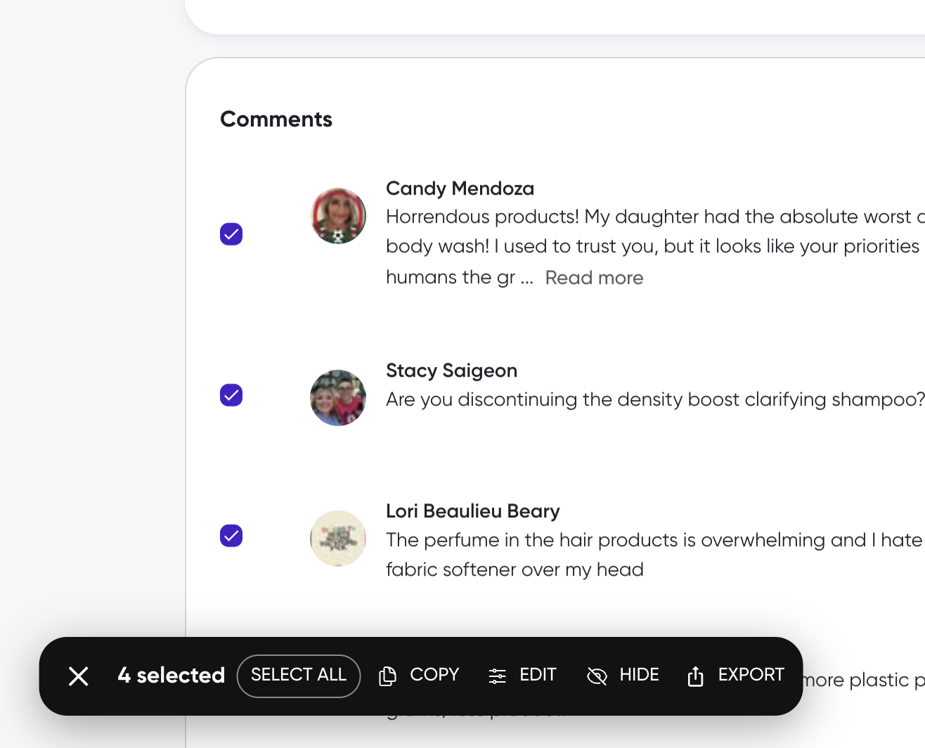 Selected comments with the bottom action bar