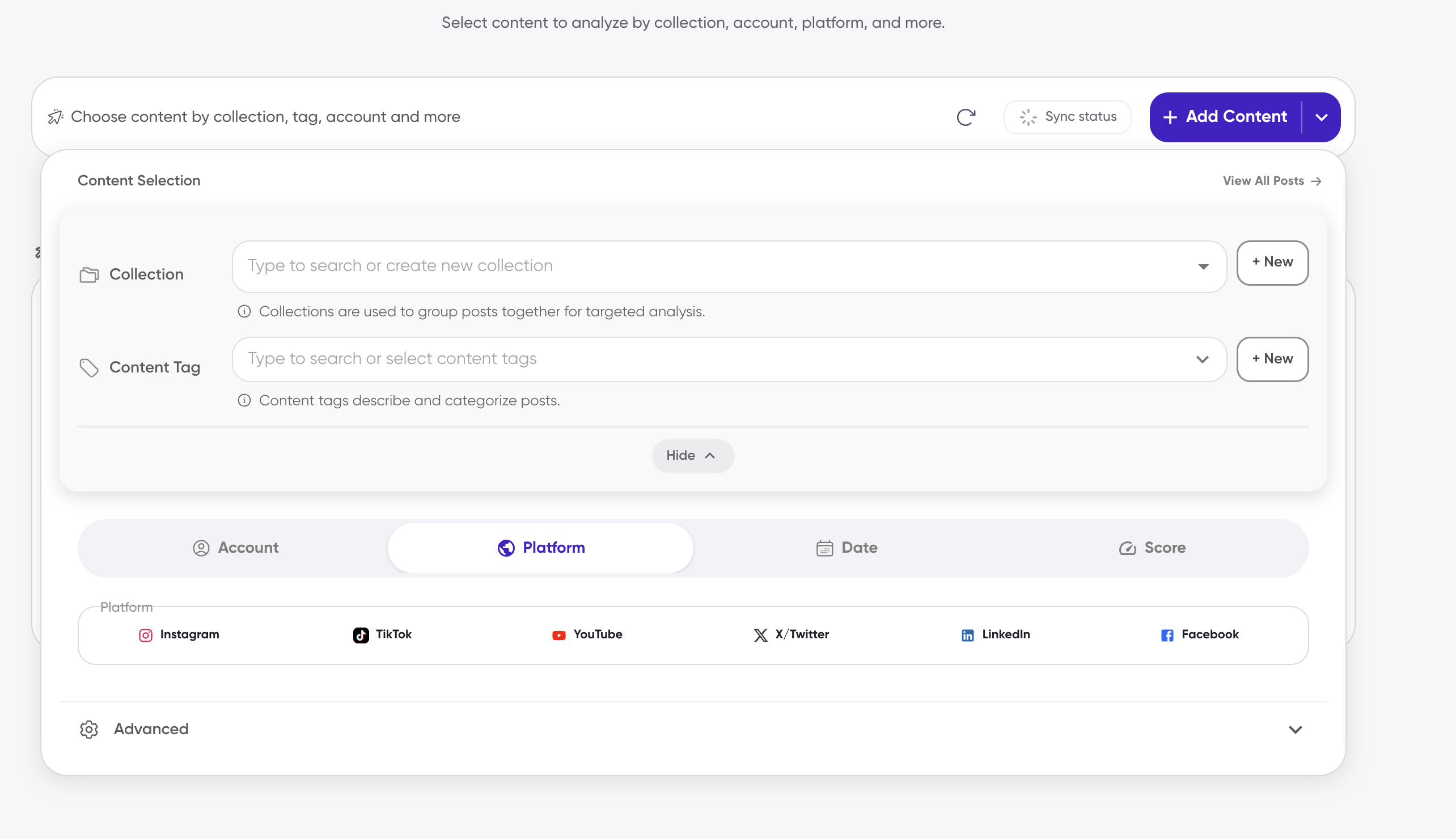 Platform filter showing Instagram, TikTok, YouTube, X/Twitter, LinkedIn, and Facebook