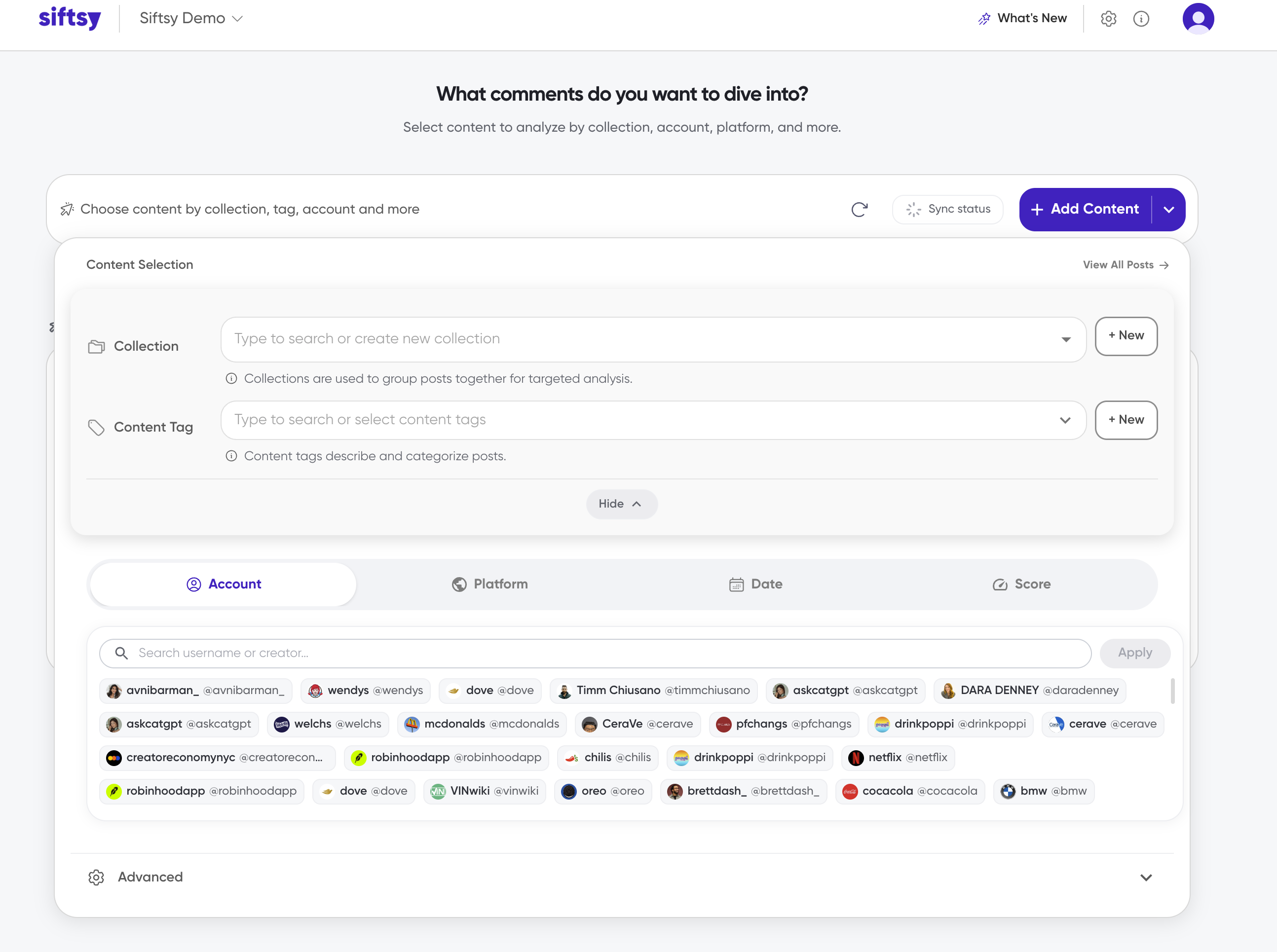 Content Selection panel with the Account tab open, Collection and Content Tag selectors on top, and the Advanced section collapsed