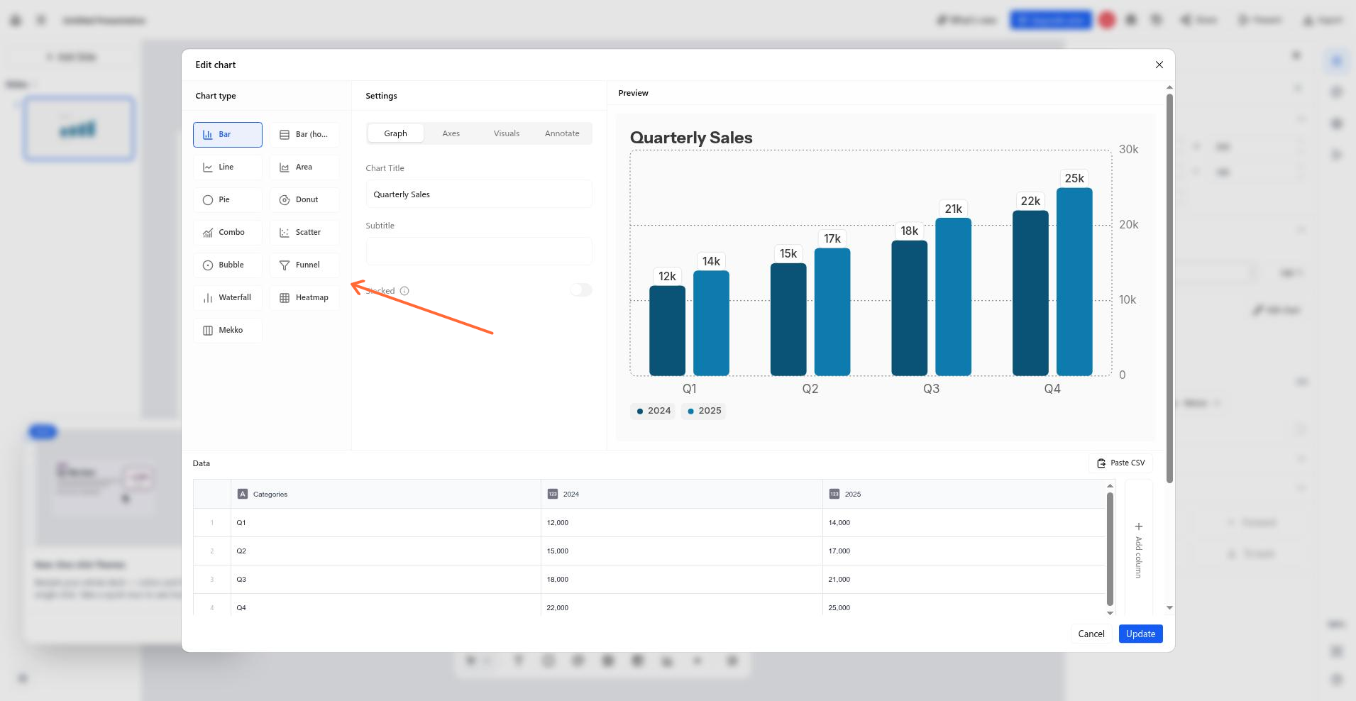 The chart type gallery in the chart editor, showing the 13 chart type options.