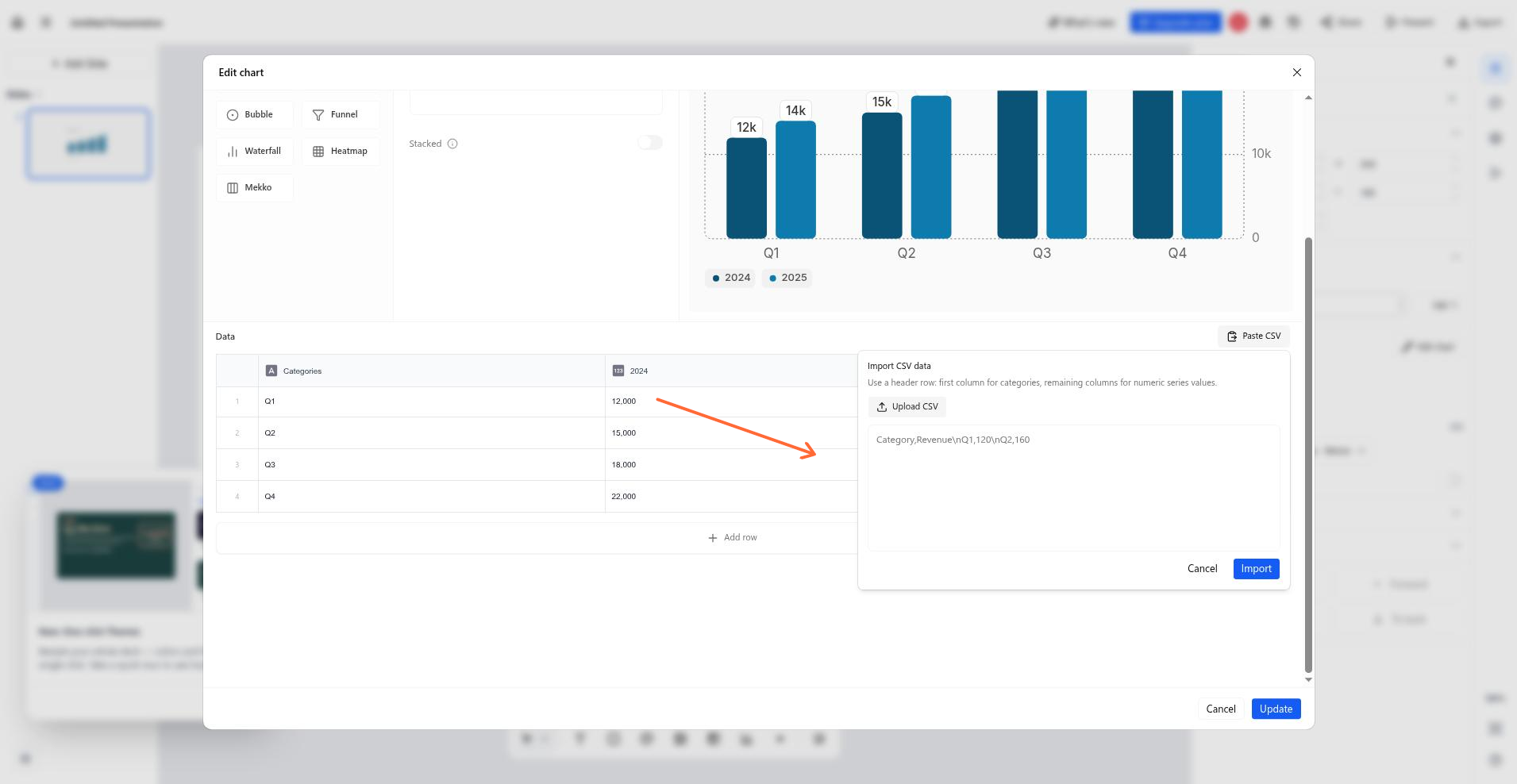 The Import CSV data dialog with a paste area and a file upload control.