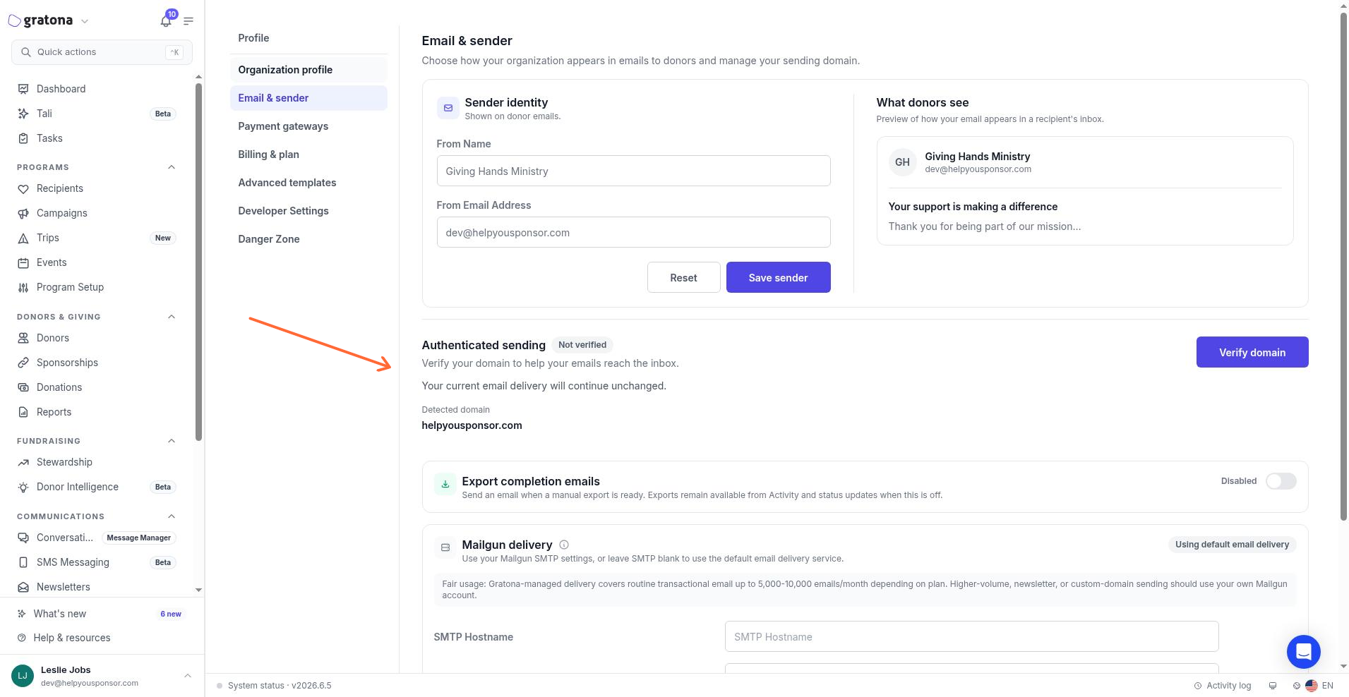 Email & sender page with the Authenticated sending panel