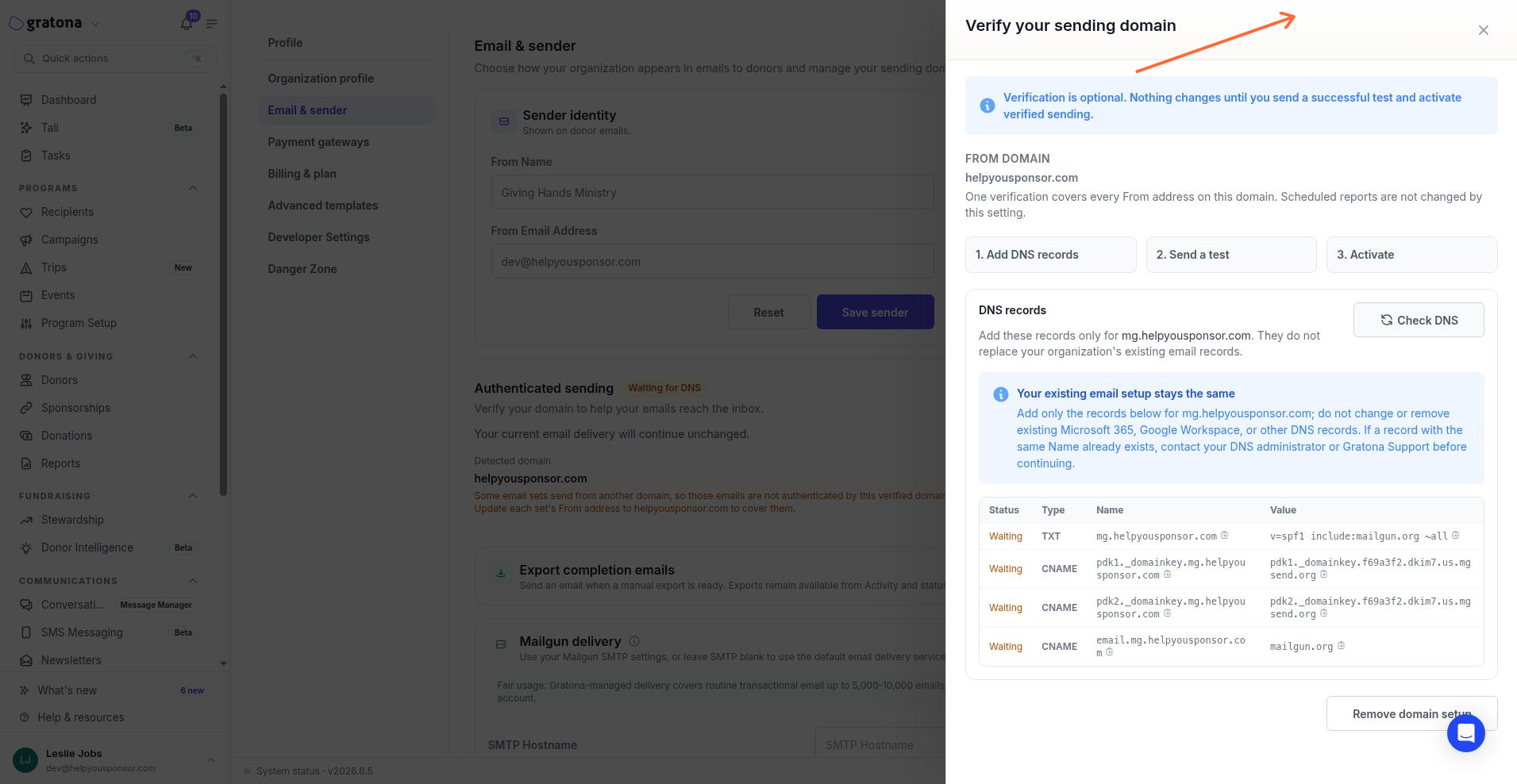 DNS records panel with Check DNS