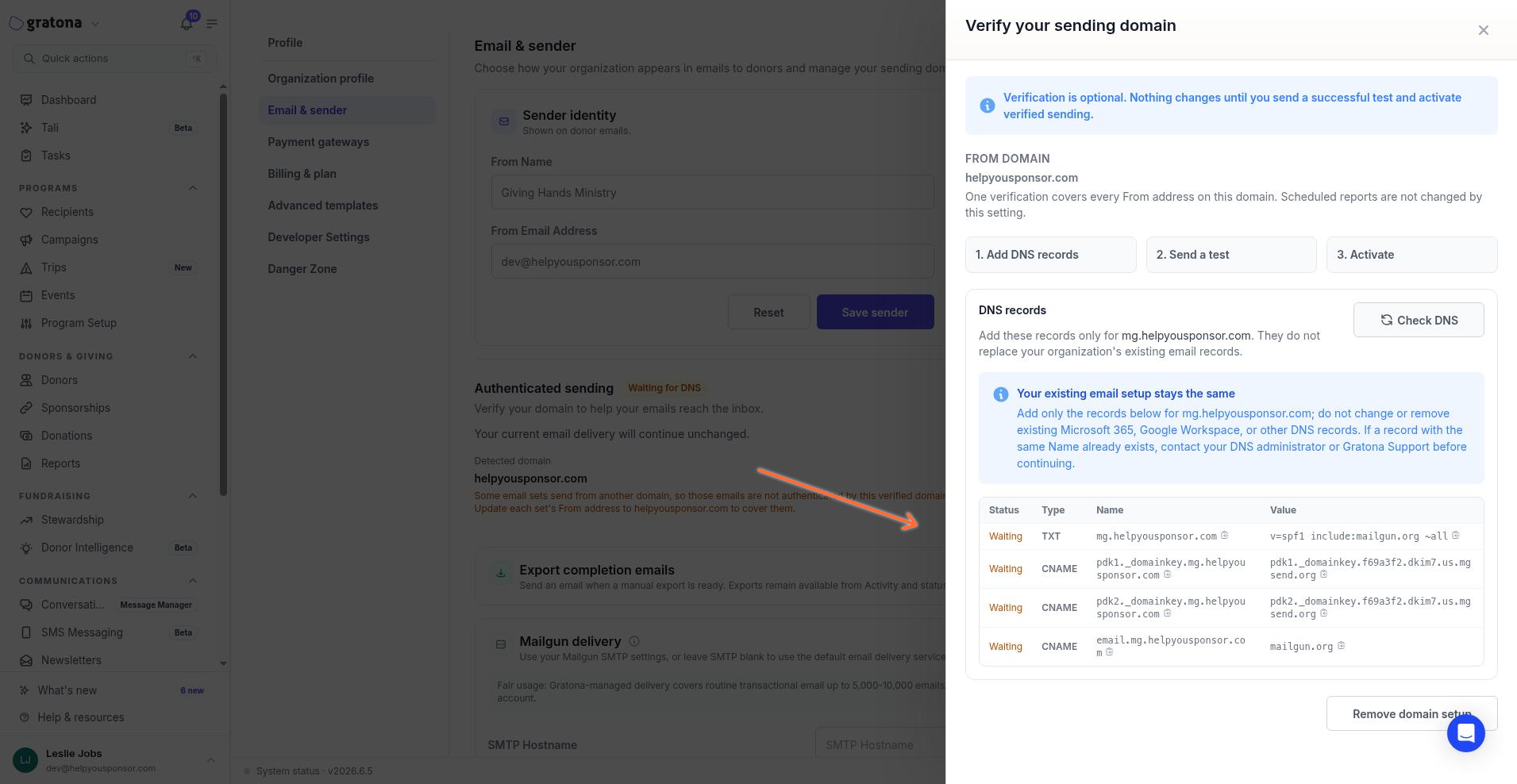 DNS records showing Waiting status