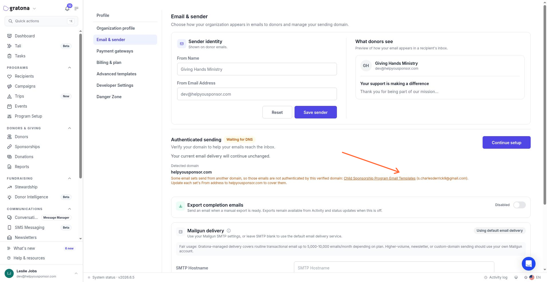 Email-set warning in the Authenticated sending panel