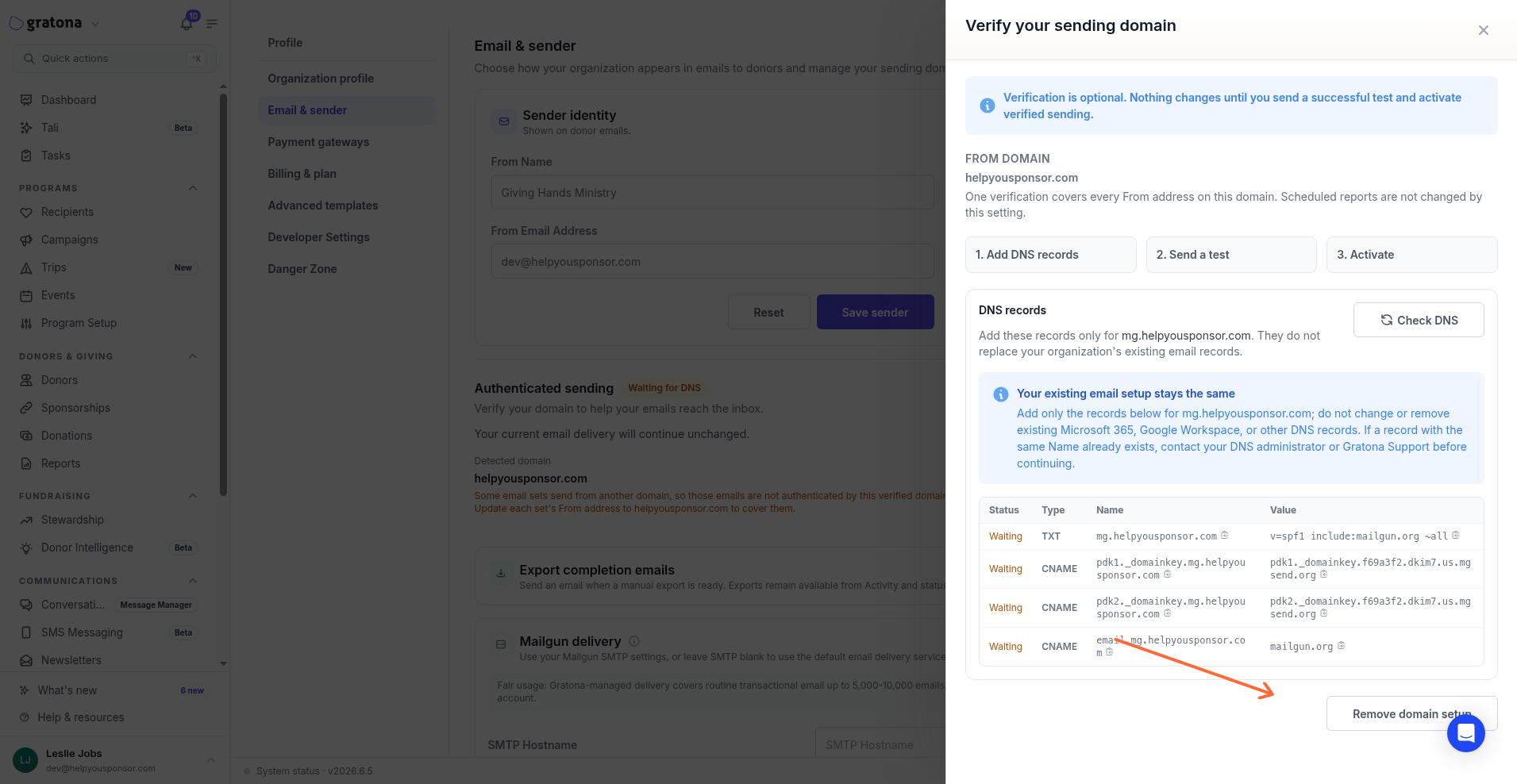 Remove domain setup in the verification panel