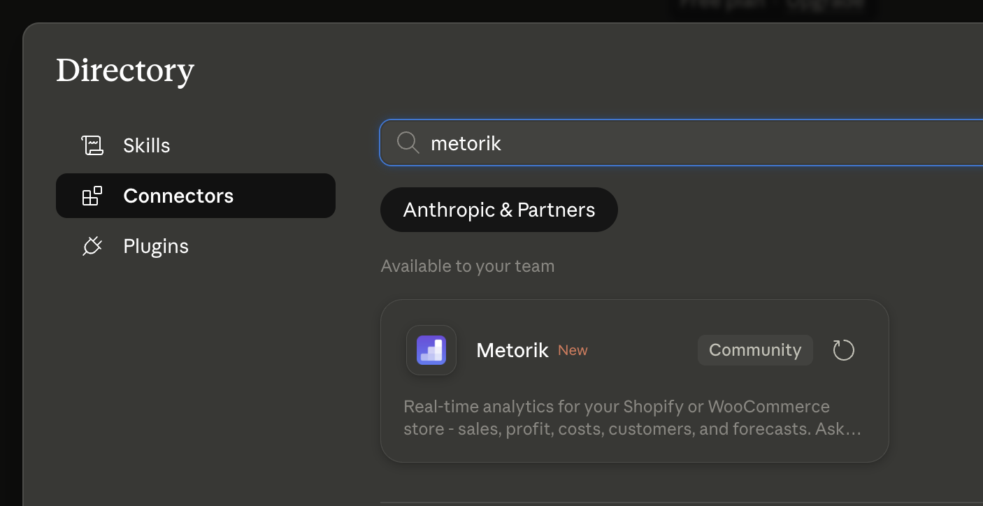Claude directory search results showing the Metorik connector available to your team