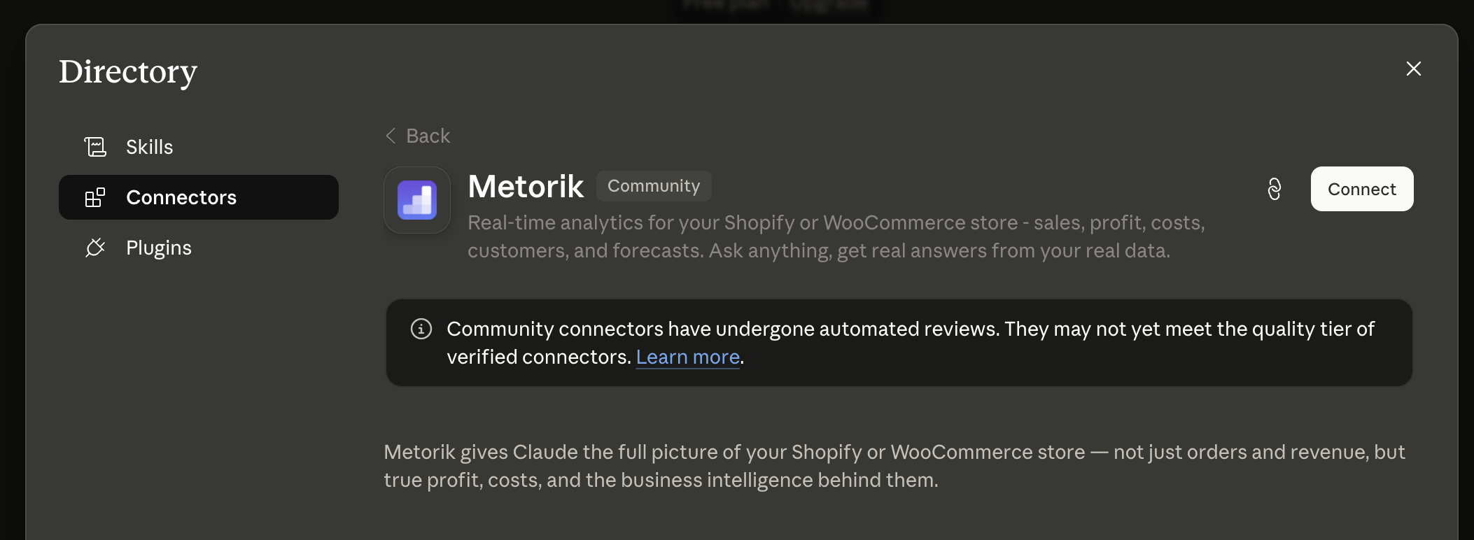 Claude directory showing the Metorik connector listed as Community with a Connect button