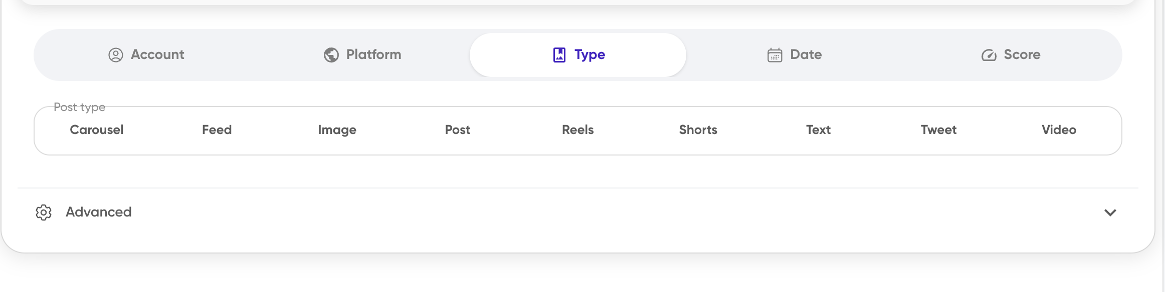 Post type filter showing Carousel, Feed, Image, Post, Reels, Shorts, Text, Tweet, and Video options