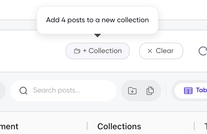 + Collection button with a tooltip showing Add 4 posts to a new collection
