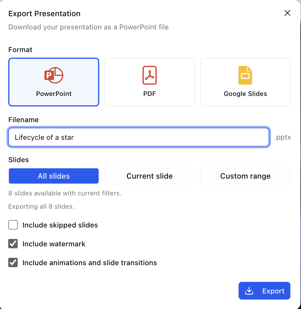 The export dialog with PowerPoint selected and the Include animations and slide transitions checkbox ticked