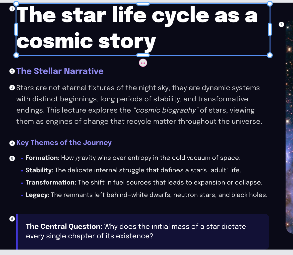 A generated slide with numbered badges beside the title, headings, body text and callout, marking the order each one animates in